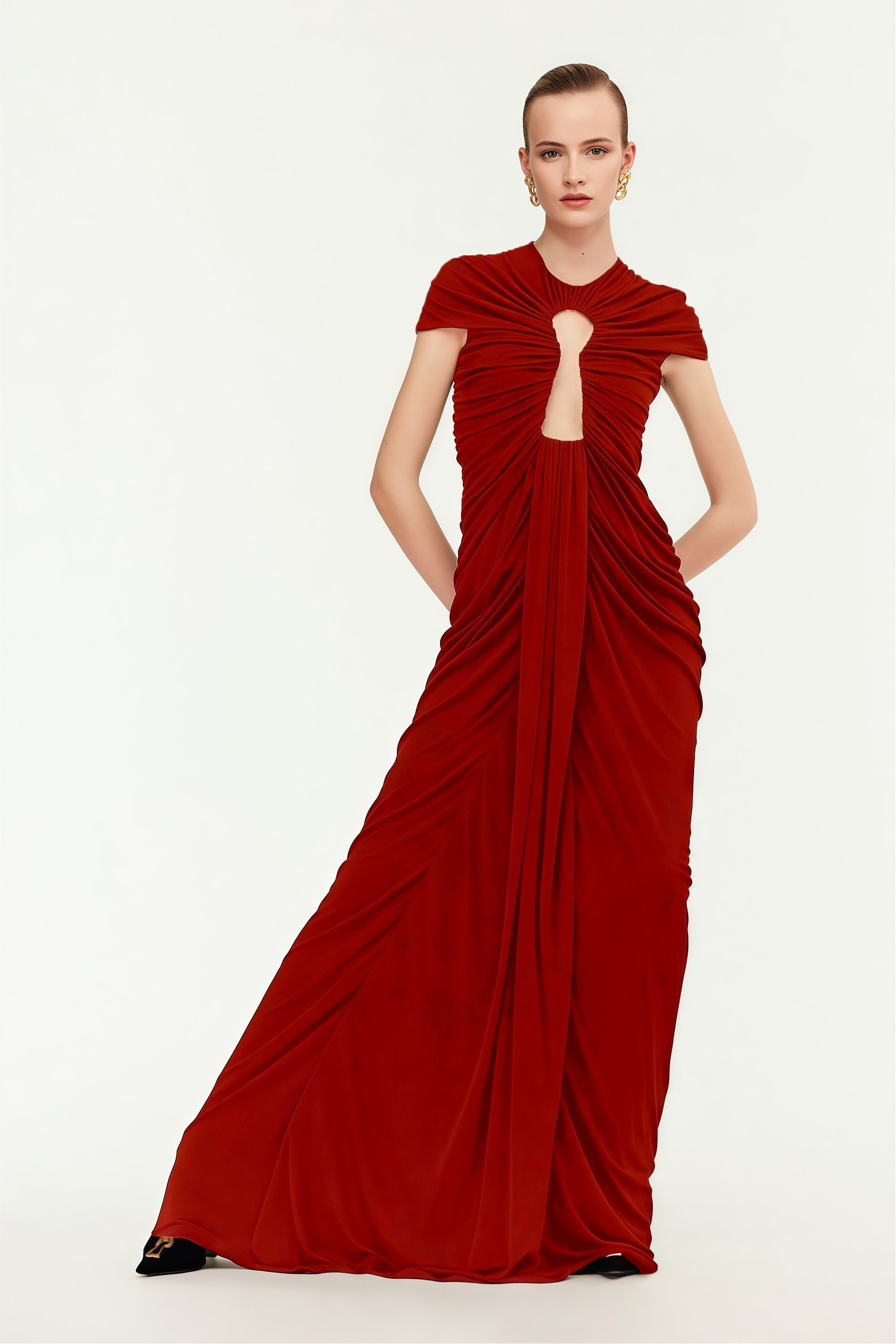 Daniela Red Keyhole Ruched Maxi Dress