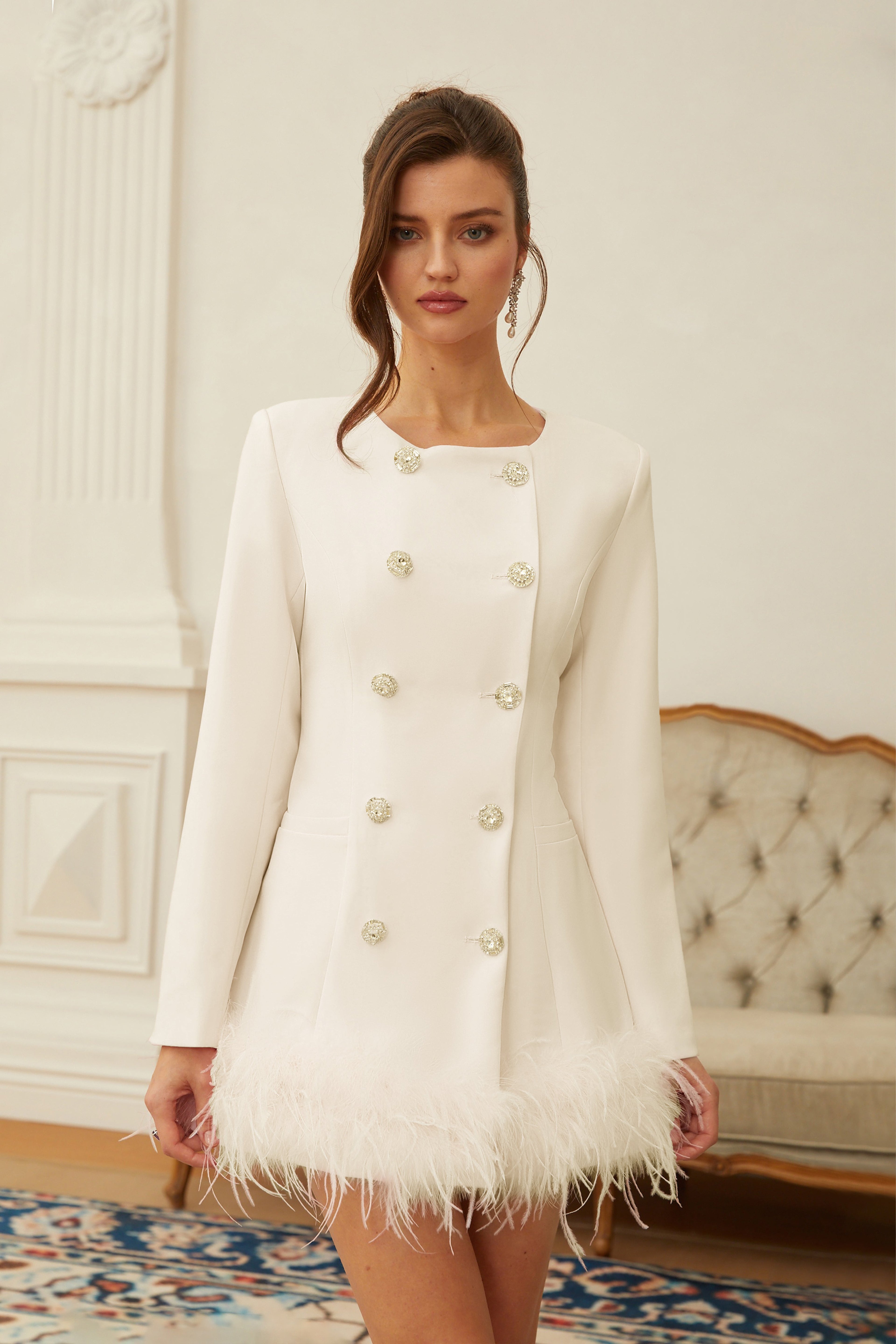 Freja White Feather Trim Mini Blazer Dress
