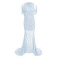 Sylphe Blue Asymmetrical Ruched Mesh Maxi Dress