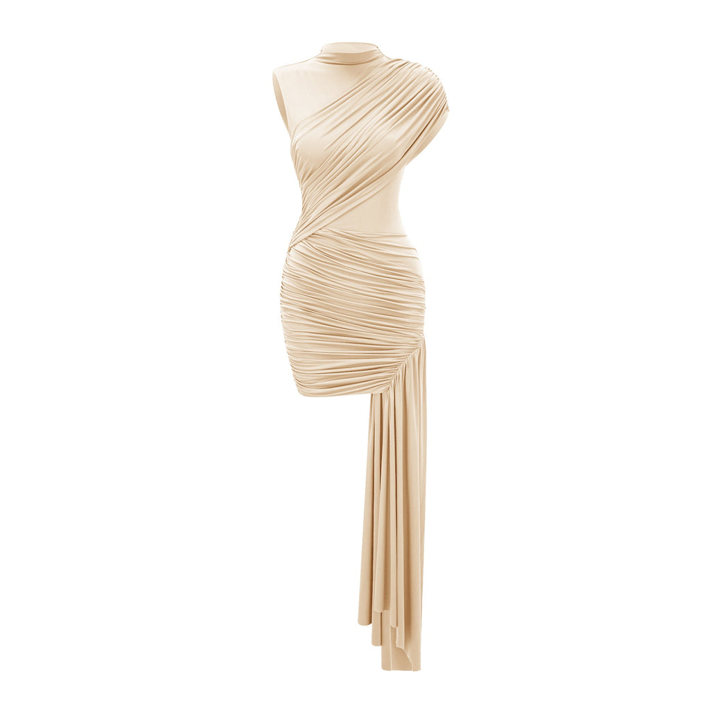 Fée Neutral Asymmetrical Ruched Mini Dress