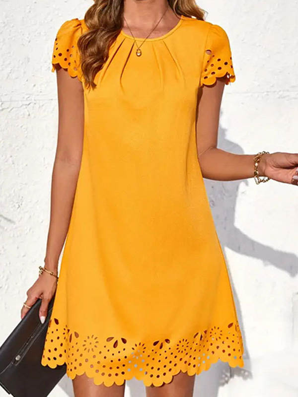 Loose Short Sleeves Hollow Pleated Solid Color Split-Joint Round-Neck Mini Dresses