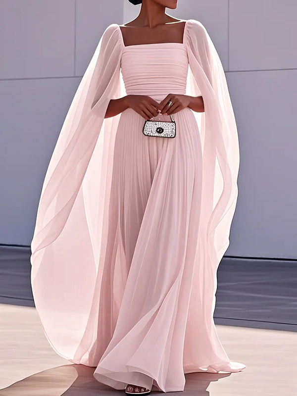 Cape Gauze Pleated Split-Joint Square-Neck Evening Dresses Maxi Dresses