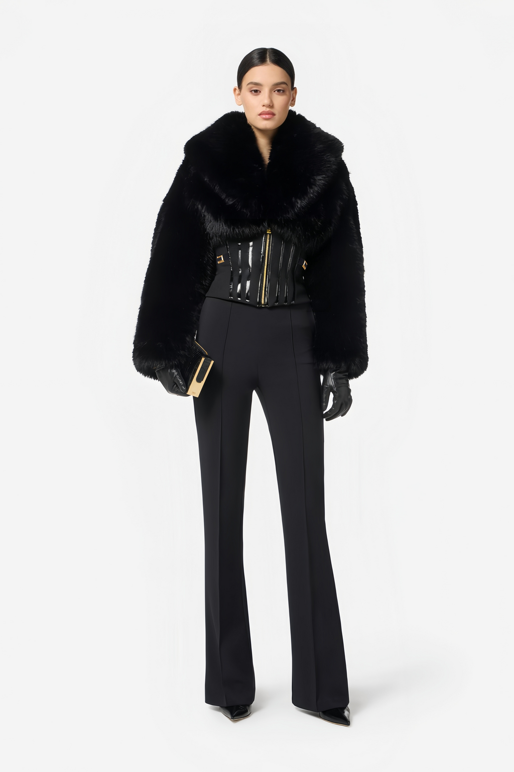 Alberta Black Faux-Fur Corset Panel Jacket