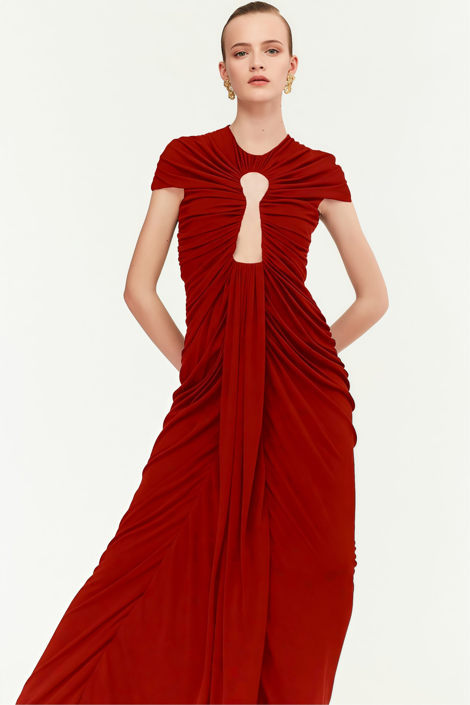 Daniela Red Keyhole Ruched Maxi Dress