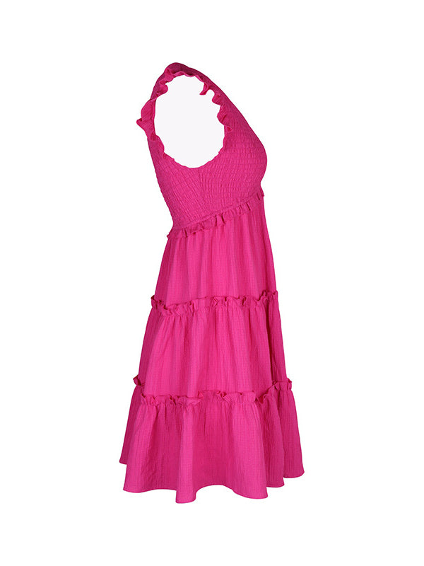 Loose Sleeveless Ruffle Trim Solid Color Split-Joint Deep V-Neck Mini Dresses