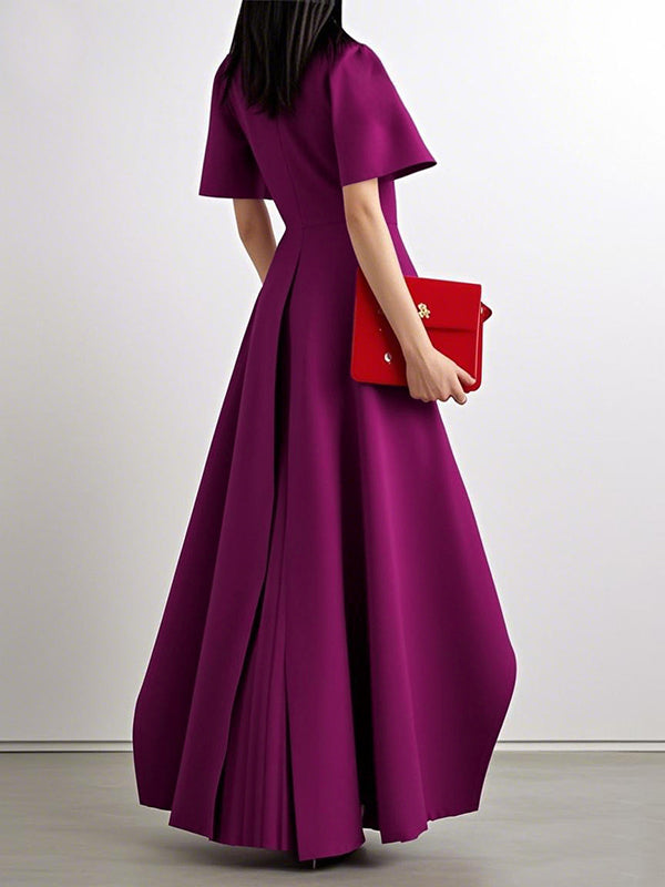 A-Line High Waisted Pleated Solid Color Split-Joint Round-Neck Maxi Dresses