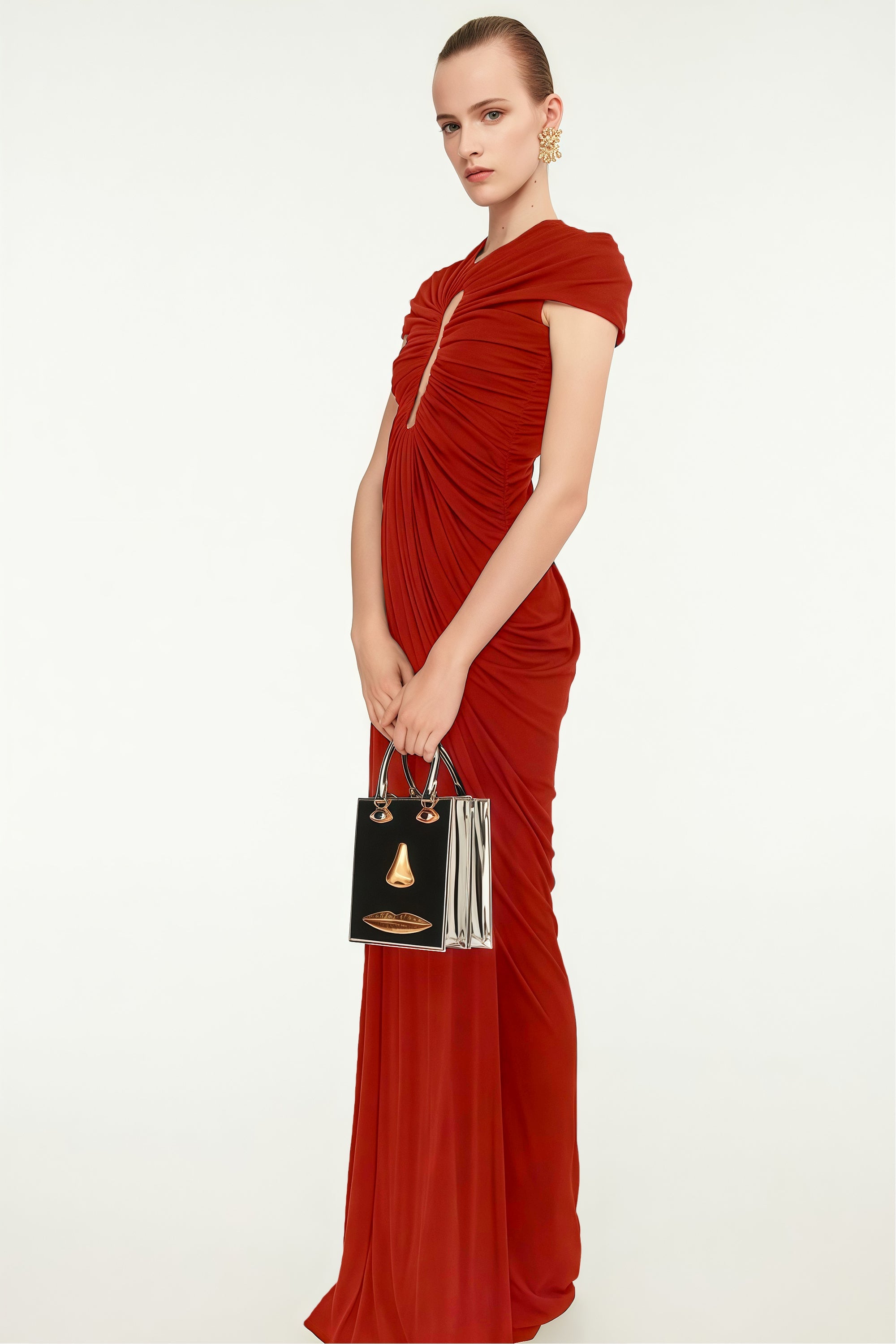 Daniela Red Keyhole Ruched Maxi Dress