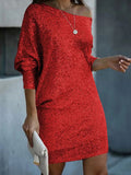A-Line Loose Asymmetric Sequined Solid Color One-Shoulder Mini Dresses