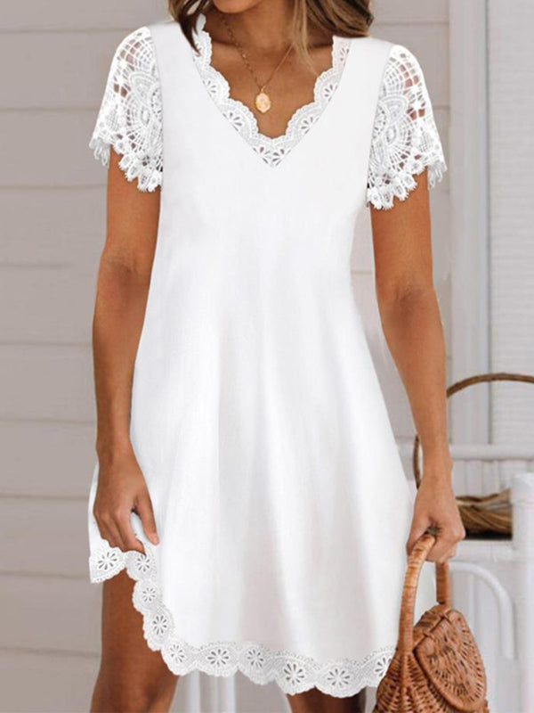 Loose Short Sleeves Solid Color Split-Joint V-Neck Mini Dresses