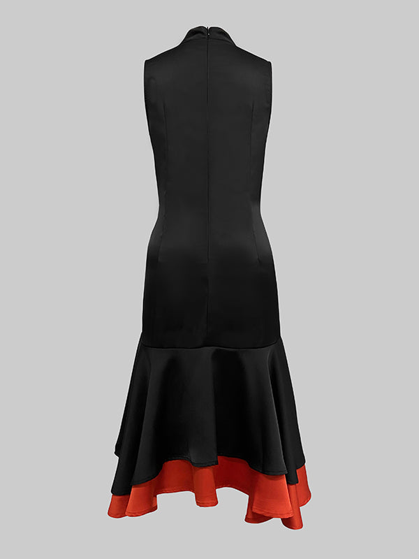 Loose Sleeveless Contrast Color Split-Joint Tiered High Neck Evening Dresses Midi Dresses