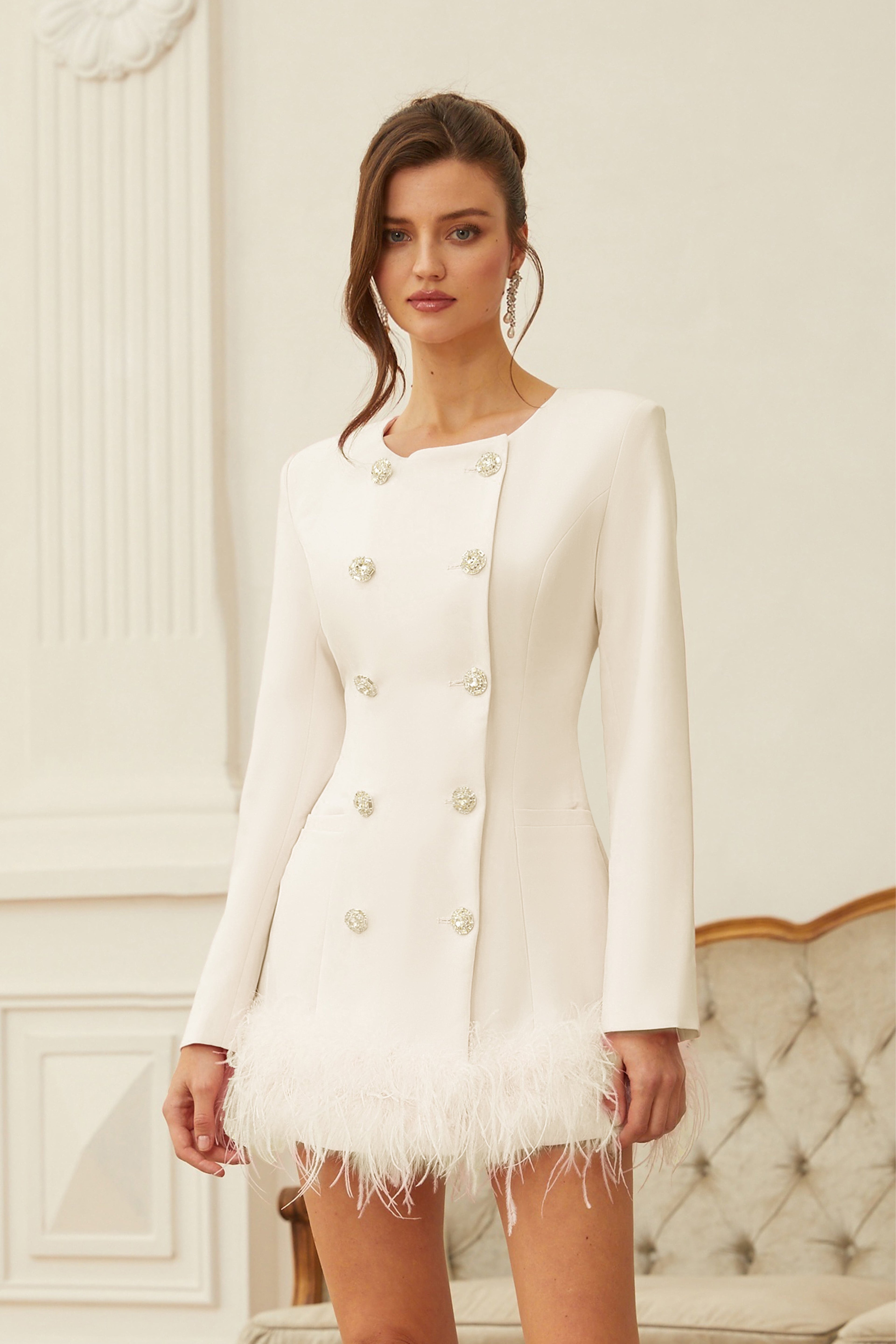 Freja White Feather Trim Mini Blazer Dress