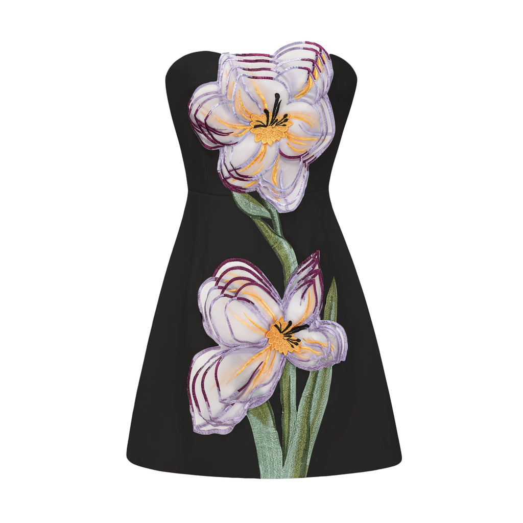 Irène Black Off-Shoulder Sequin Floral Embroidered Mini Dress