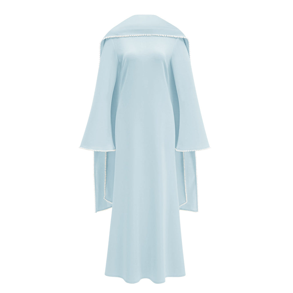 Piroska Blue Pearl Trim Shawl Detail Maxi Dress