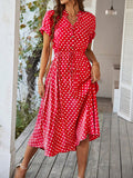A-Line High Waisted Buttoned Drawstring Polka-Dot V-Neck Midi Dresses