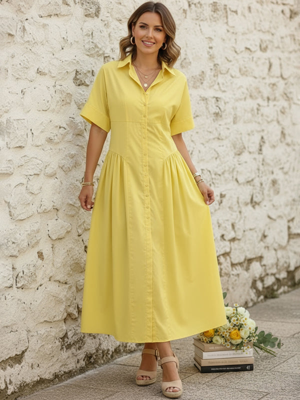 Loose Short Sleeves Buttoned Pleated Solid Color Lapel Collar Midi Dresses Shirt Dress