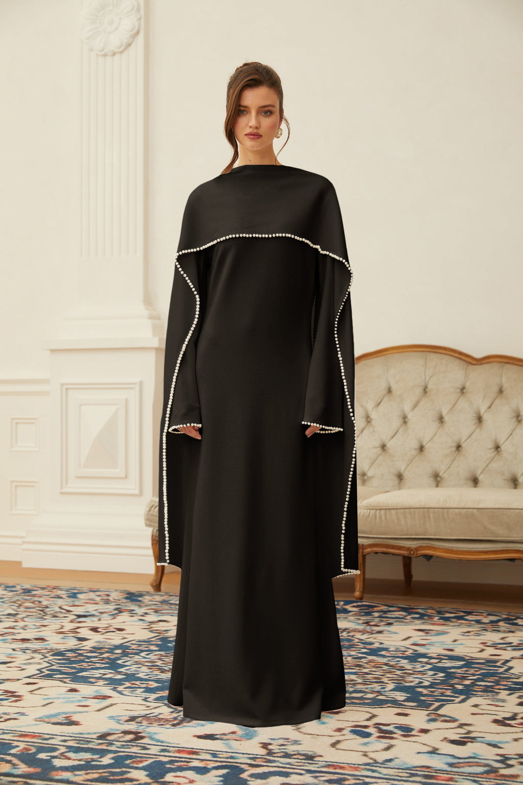 Piroska Black Pearl Trim Shawl Detail Maxi Dress