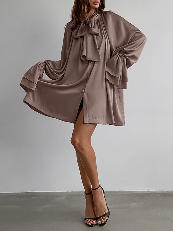 A-Line Flared Sleeves Buttoned Elasticity Pleated Solid Color Tied Zipper Stand Collar Mini Dresses