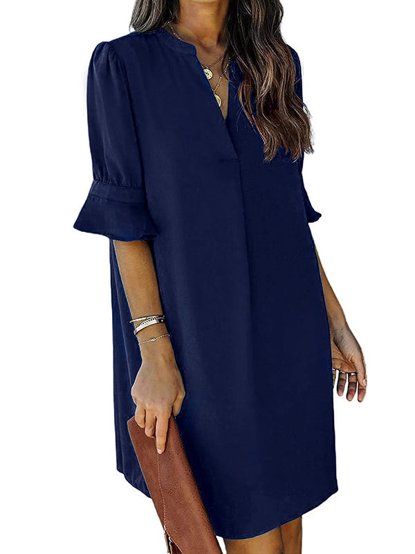 A-Line Flared Sleeves Pleated Ruffled Solid Color Split-Joint V-Neck Mini Dresses