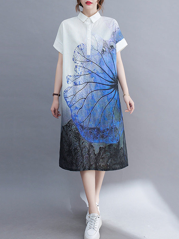 Loose Short Sleeves Buttoned Floral Printed Lapel Collar Midi Dresses Shirt Dress