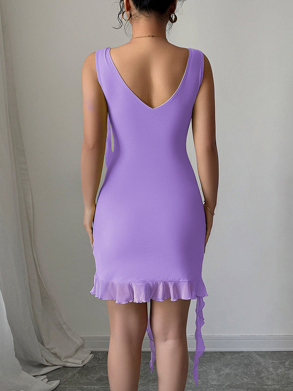 Bodycon High Waisted Pleated Solid Color V-Neck Mini Dresses