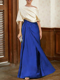 Half Sleeves Loose Asymmetric Contrast Color Pleated Split-Joint One-Shoulder Evening Dresses Maxi Dresses