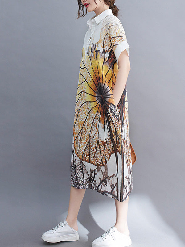 Loose Short Sleeves Buttoned Floral Printed Lapel Collar Midi Dresses Shirt Dress