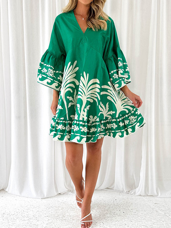 A-Line Flared Sleeves Flower Print Pleated Split-Joint V-Neck Mini Dresses