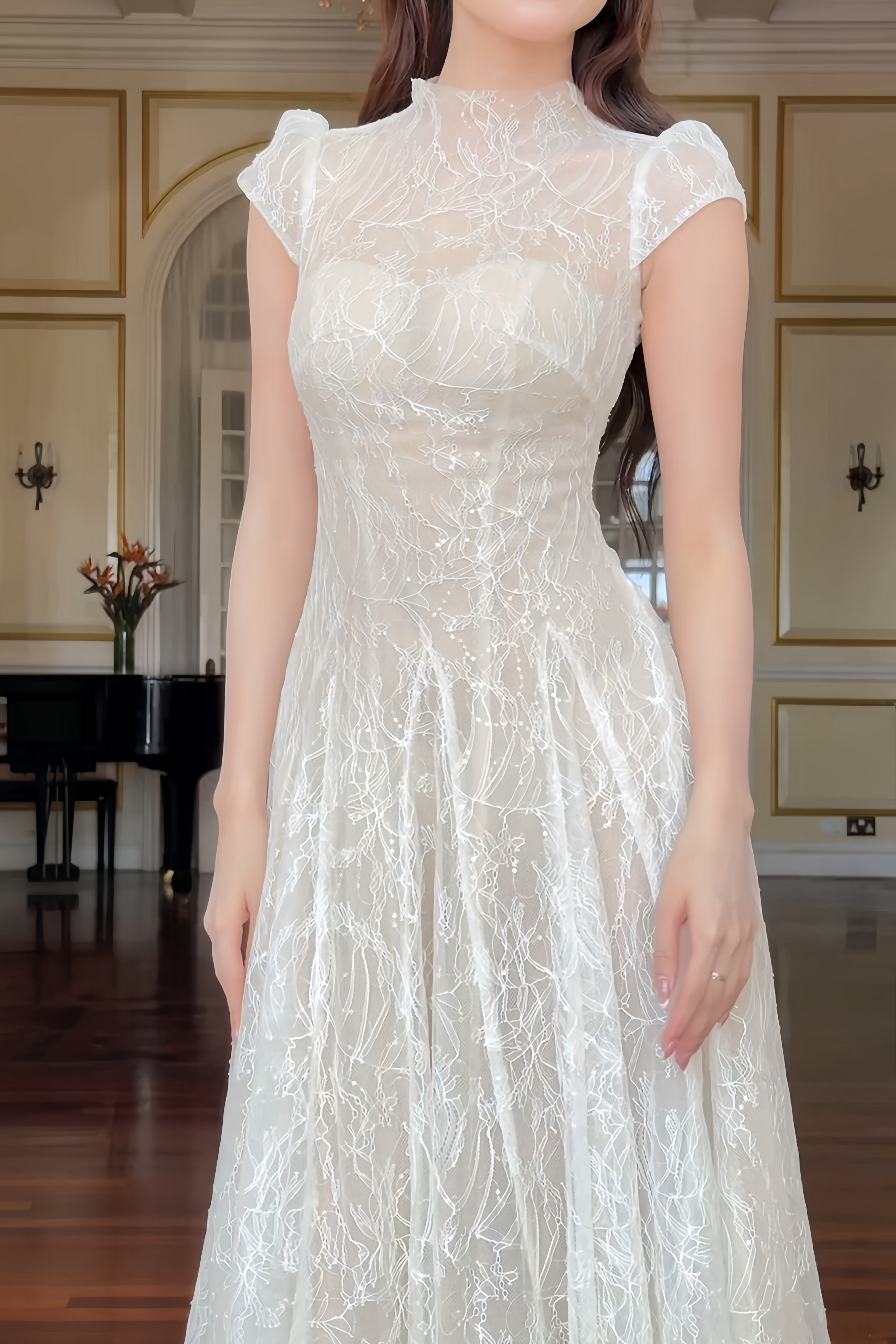 Velia White Lace Glitter Tulle Maxi Gown