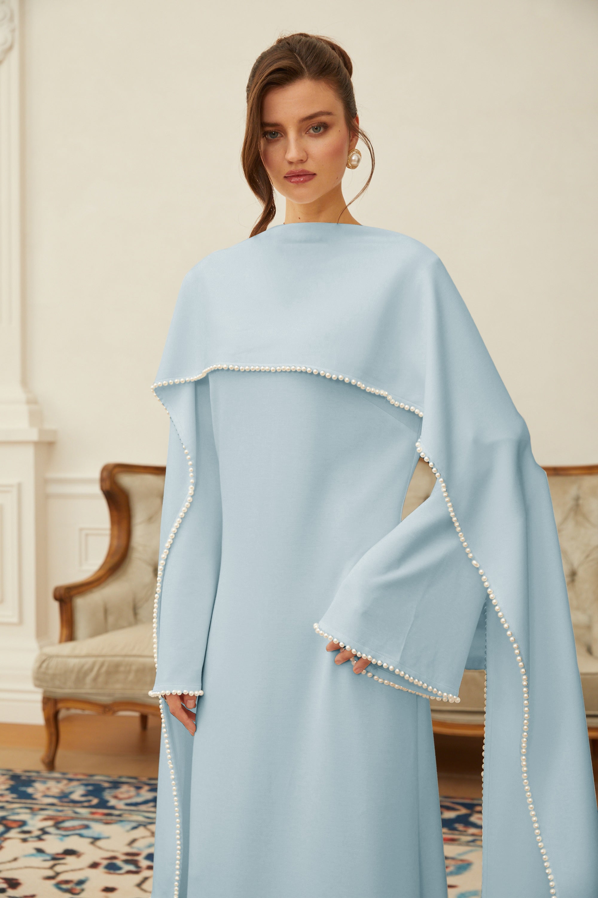 Piroska Blue Pearl Trim Shawl Detail Maxi Dress