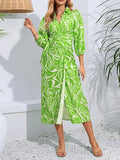 A-Line High Waisted Elasticity Printed Tied Waist Lapel Midi Dresses Shirt Dress