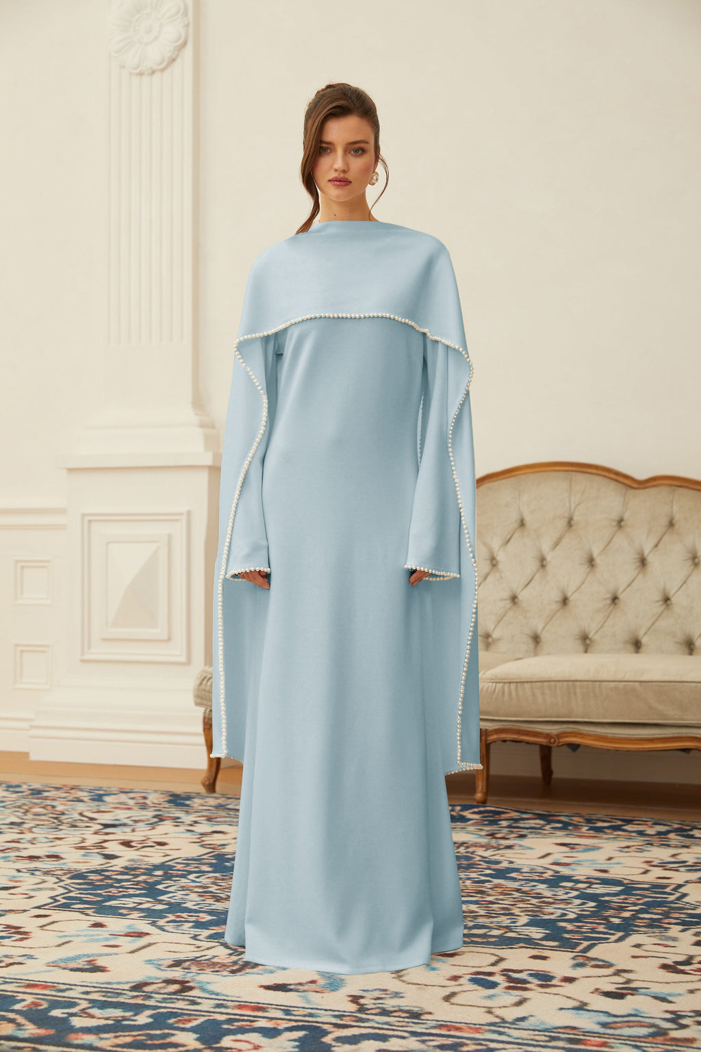 Piroska Blue Pearl Trim Shawl Detail Maxi Dress