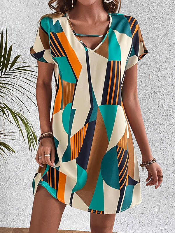 A-Line Loose Contrast Color Printed Zipper V-Neck Mini Dresses