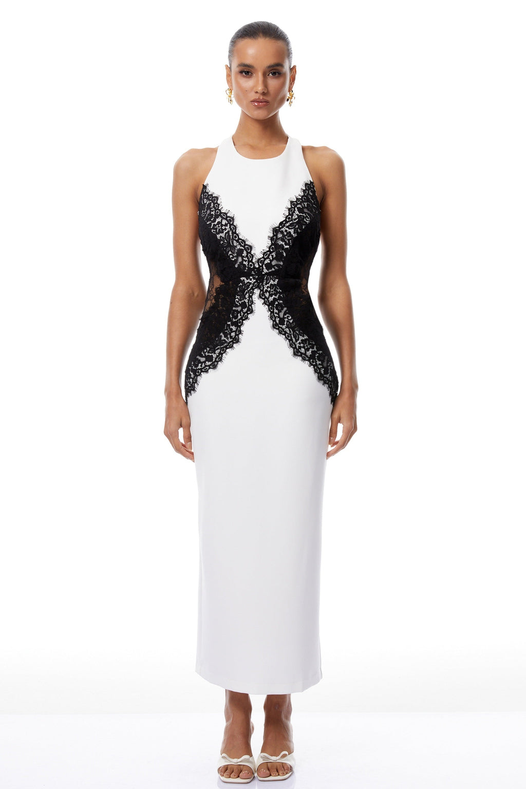 Ilaria White Halterneck Lace Panel Maxi Dress