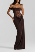 Sunniva Brown Lace Panel Asymmetrical Maxi Dress