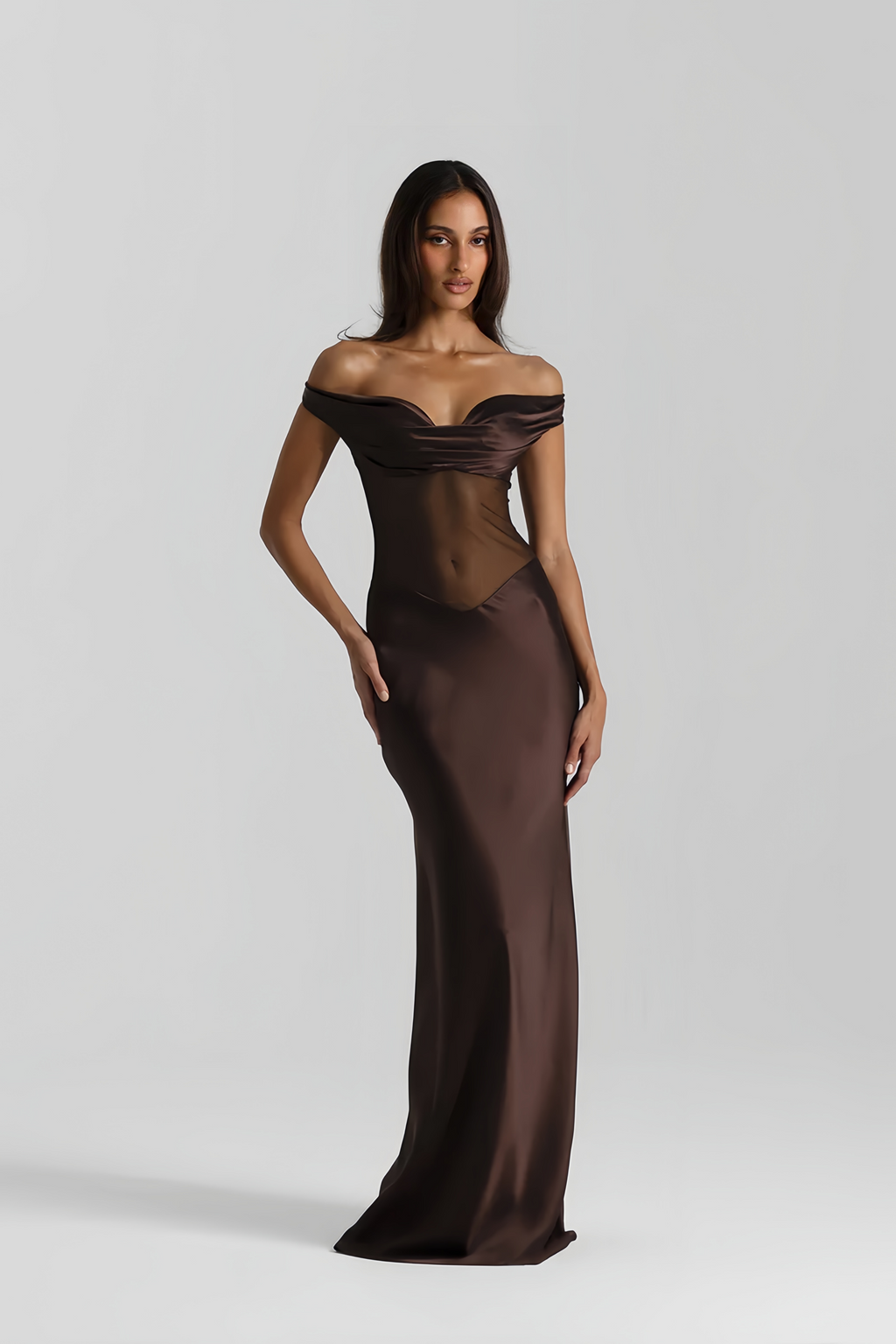 Gitta Brown Off Shoulder Satin Maxi Gown
