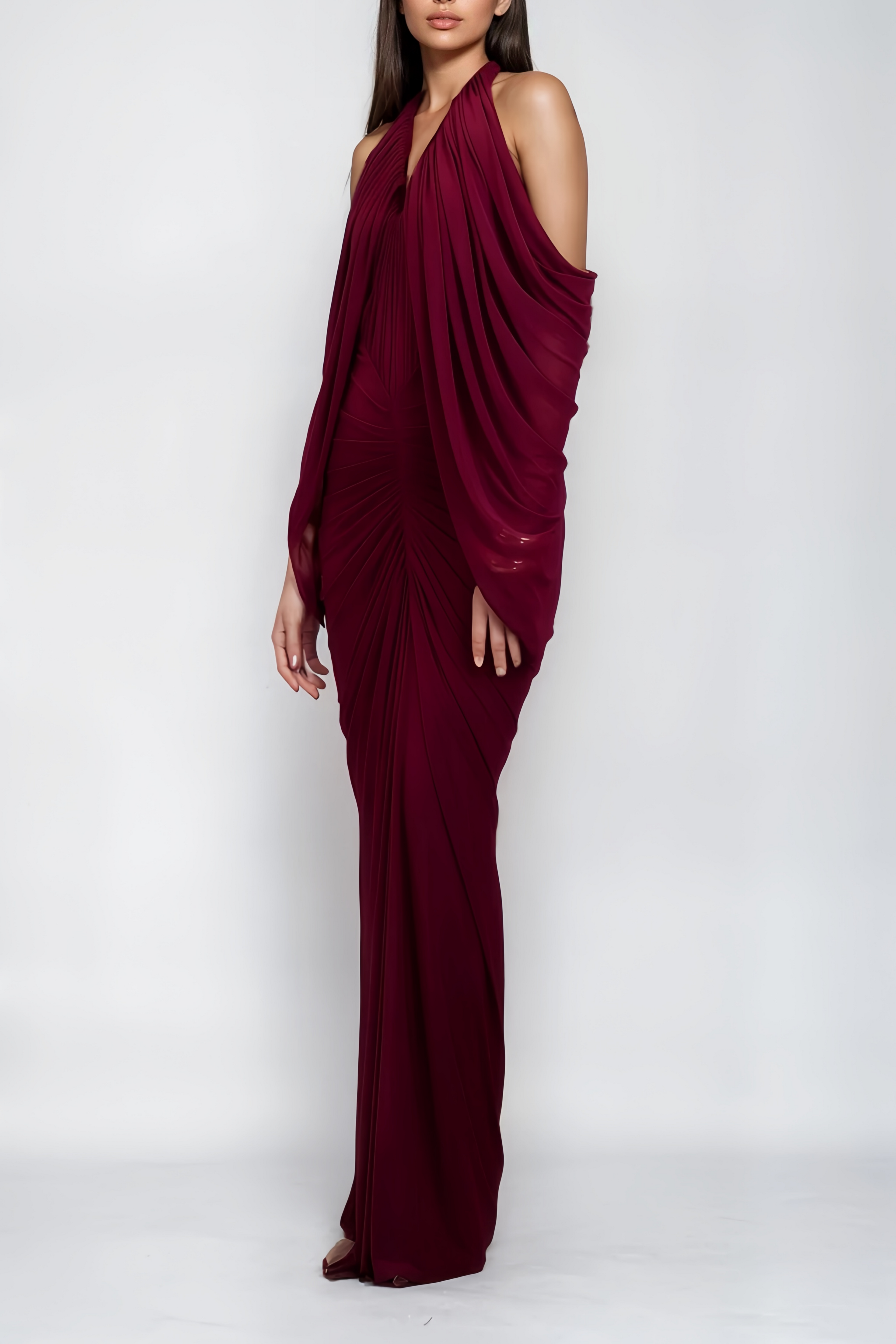 Eléa Red Cold Shoulder Draped Maxi Dress