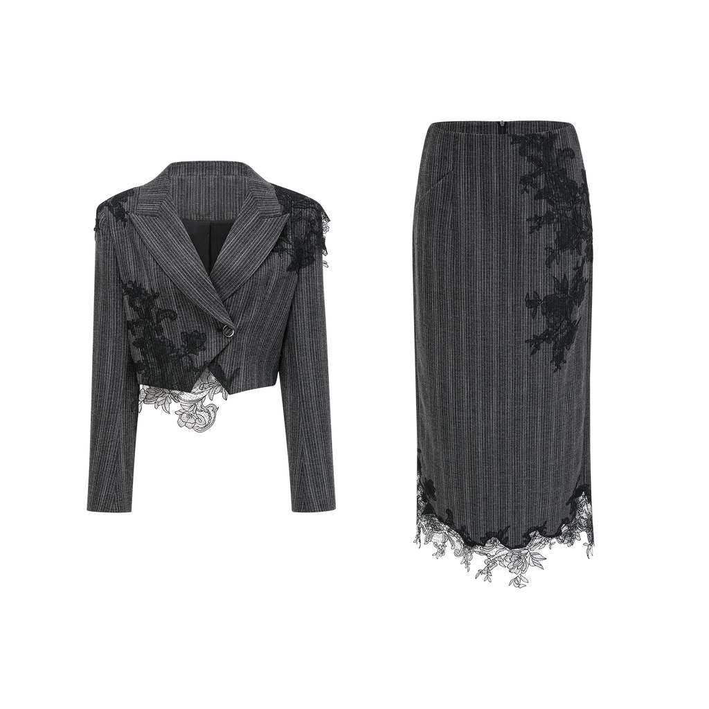 Sidonie Grey Floral Appliqué Striped Blazer & Skirt Set