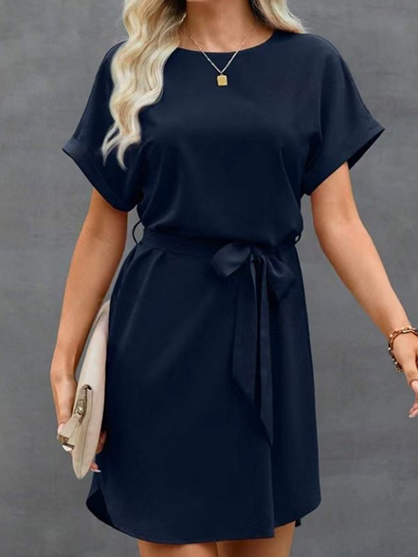 Loose Short Sleeves Solid Color Tied Waist Round-Neck Mini Dresses