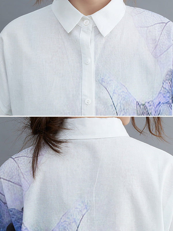 Loose Short Sleeves Buttoned Floral Printed Lapel Collar Midi Dresses Shirt Dress