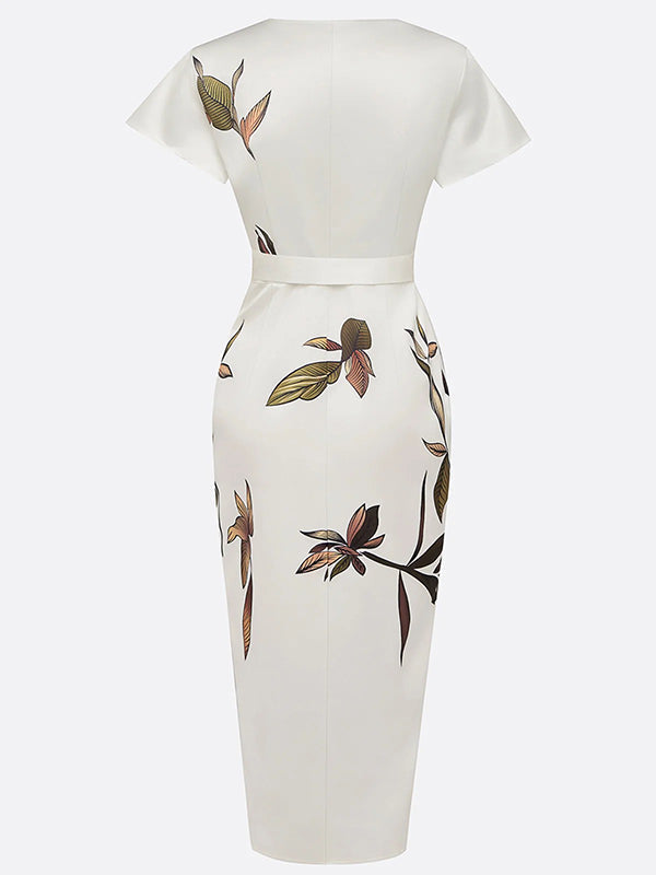 Raglan Sleeve Asymmetric Pleated Printed Split-Joint V-Neck Midi Dresses