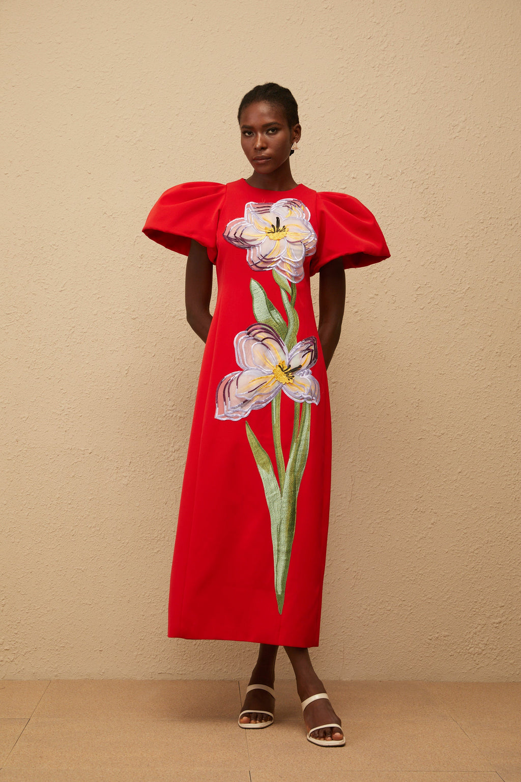 Irène Red Sequined Floral Embroidered Midi Dress