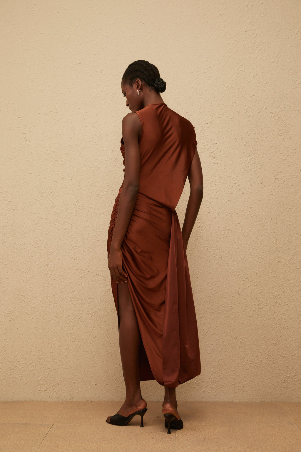Reine Brown Asymmetrical Ruched Maxi Dress