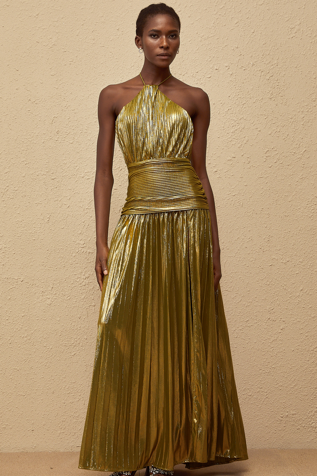Alchimie Green Glossy Pleated Maxi Dress