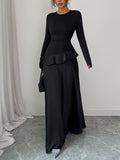 A-Line High Waisted Ruffle Trim Solid Color Split-Joint Round-Neck Maxi Dresses