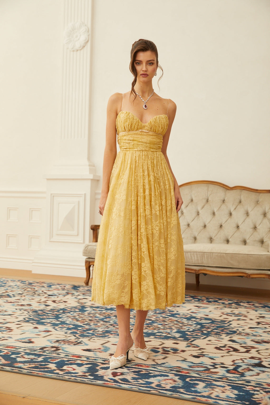 Jade Gold Floral Lace Tulle Midi Dress