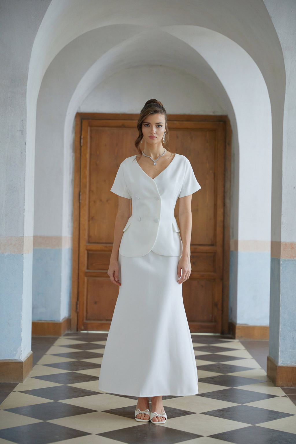 Halsey White Double-Breasted Top & Flared Skirt Set