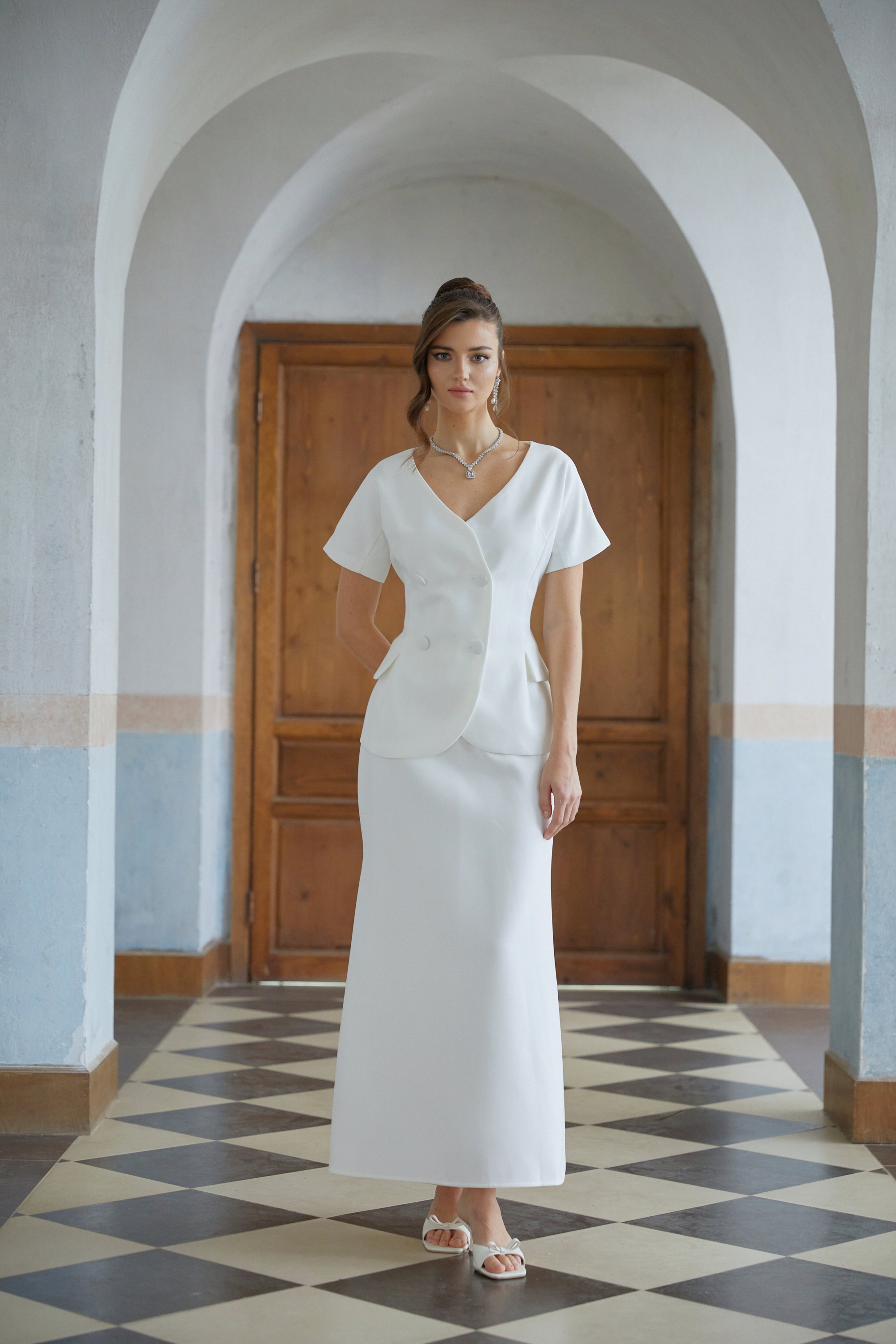 Halsey White Double-Breasted Top & Flared Skirt Set