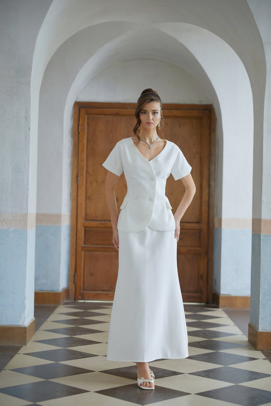 Halsey White Double-Breasted Top & Flared Skirt Set