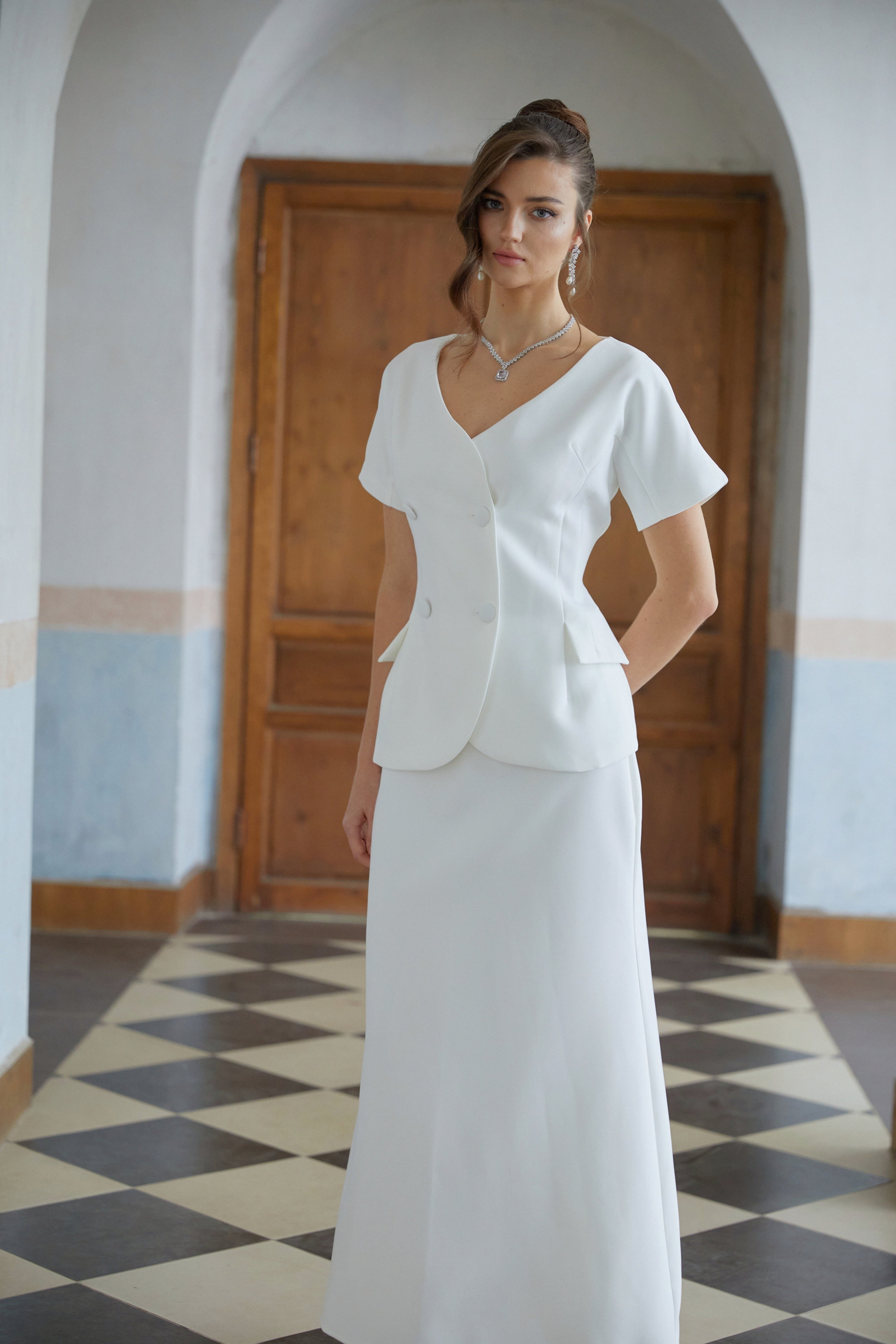 Halsey White Double-Breasted Top & Flared Skirt Set