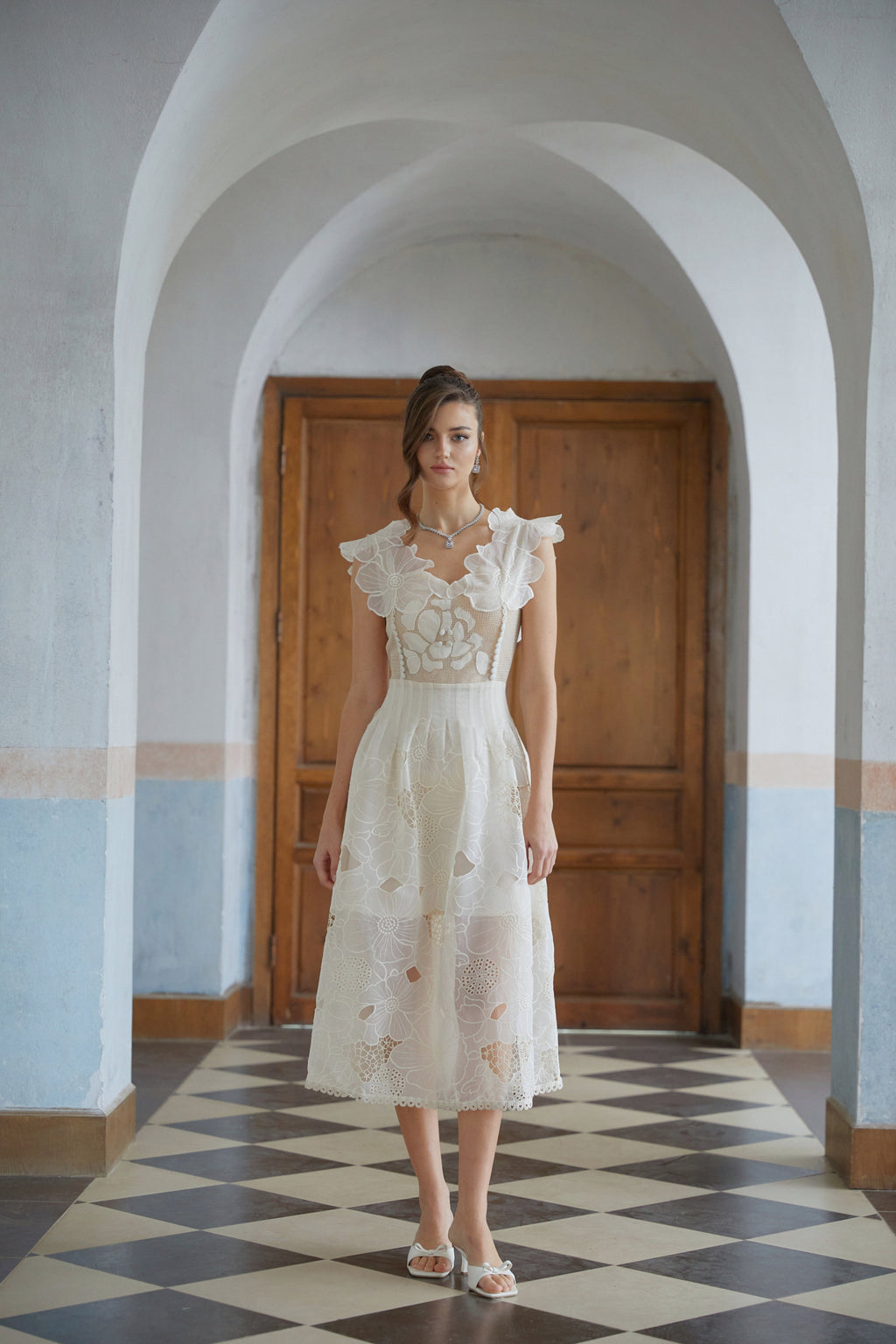 Anaïs neutrals beaded floral-embroidered midi dress